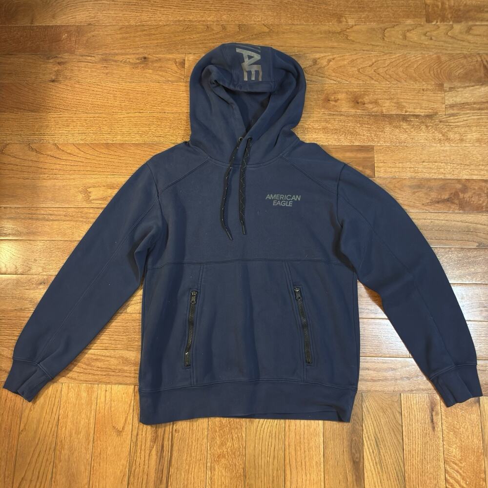 American Eagle Men's Blue Pullover Hoodie Graphic Print Drawstring Zip Pocket